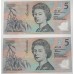 AUSTRALIA 1992 . FIVE 5 DOLLAR BANKNOTES . COLE/FRASER . CONSECUTIVE PAIR . LAST PREFIX AB19